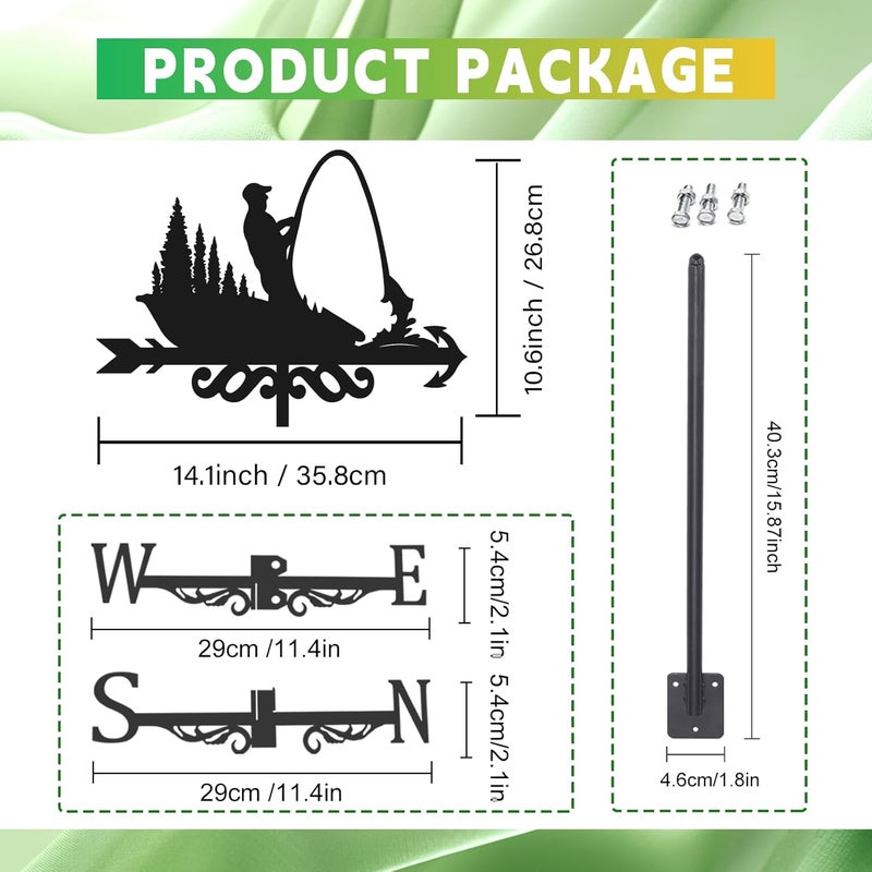 BEUNITONE Fishing Weathervane 26” Height Black Metal Fisherman Wind Vane Animal Ornament Garden Stake Weather Vane Fishing Design Windmill Wind Cups & Brackets for Farmhouse Outdoor Yard Decoration - Image 2